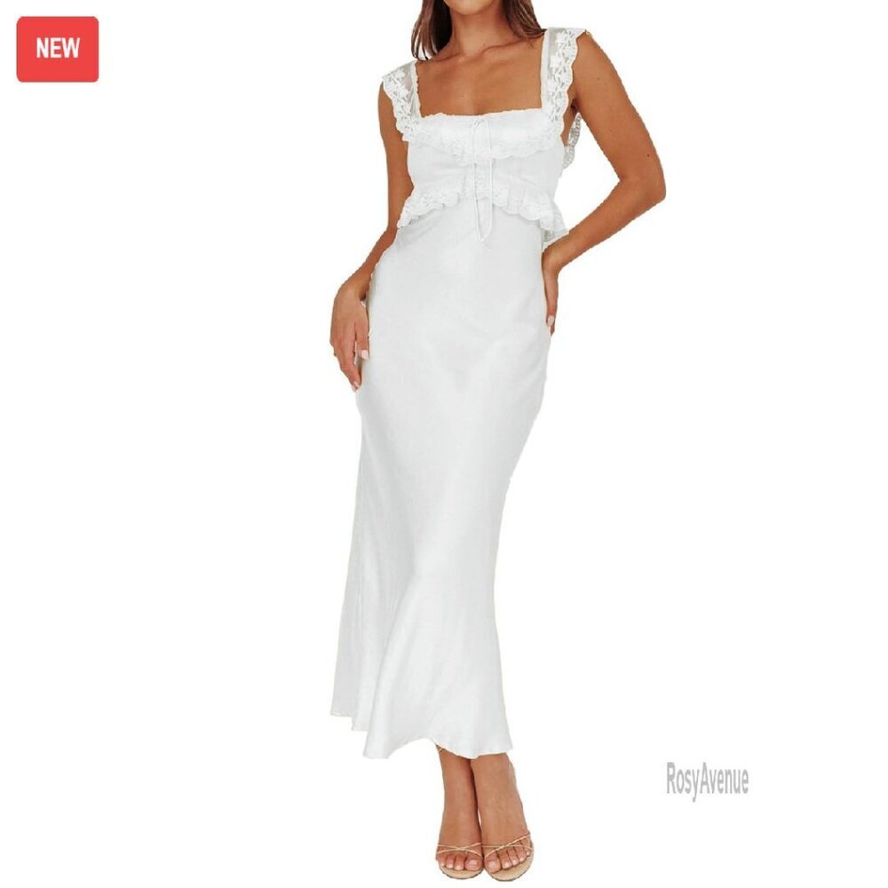 Satin Off Shoulder Maxi Dress Formal Wedding Guest Lace Trim